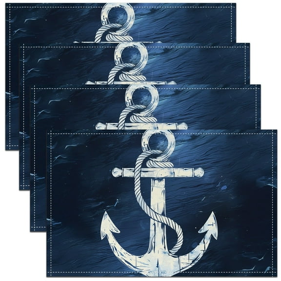 Erosebridal Retro Anchor Placemats Set of 4, Navy Blue White Table Mats for Dining Table Set of 4, Nautical Themed Kitchen Decor