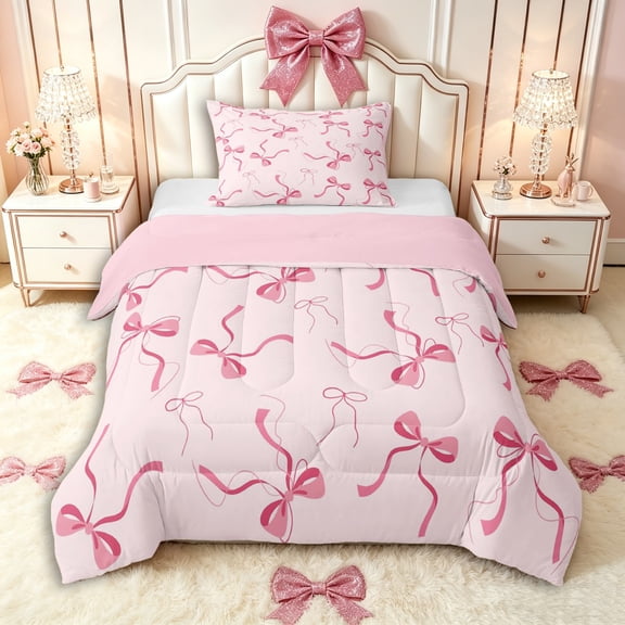 Manfei Cartoon Ribbon Bow Knot Twin Comforter Sets 3-Piece for Kids Girls,Cute Princess Bowtie Bedding Set for Teens Female,Pink Reversible,Lightweight Room Decor