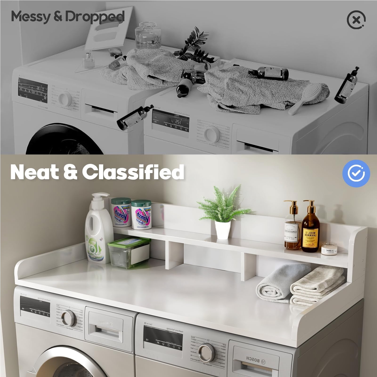 Roninkier Washer Dryer Countertop, Laundry Wood Shelf Topper, 54" x 27.5" Depth Double Layer Organizer