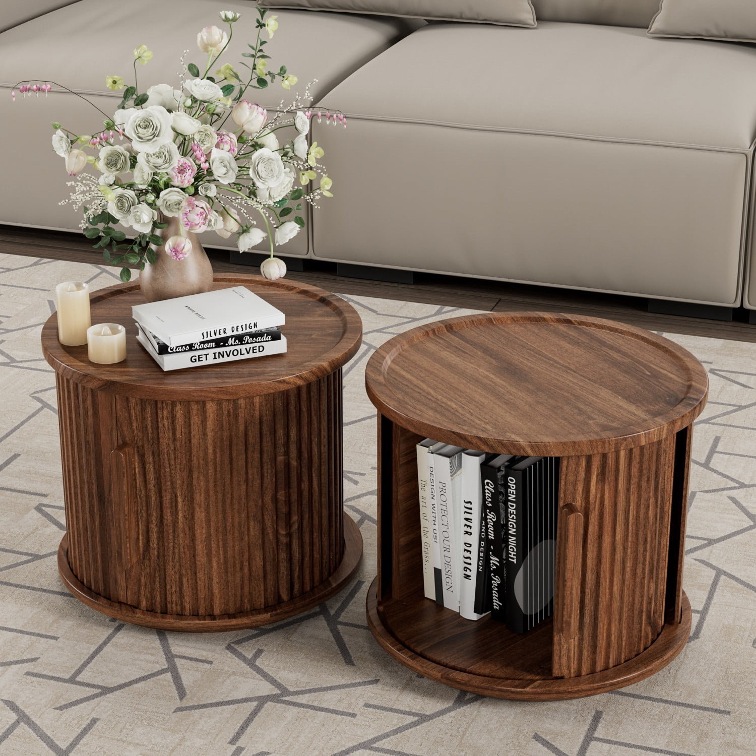 Set of 2 Round Coffee Tables with Sliding Door Storage, Modern Walnut Nesting Side Tables, Fluted Roman Column Accent End Tables & Nightstands for Living Room, Bedroom