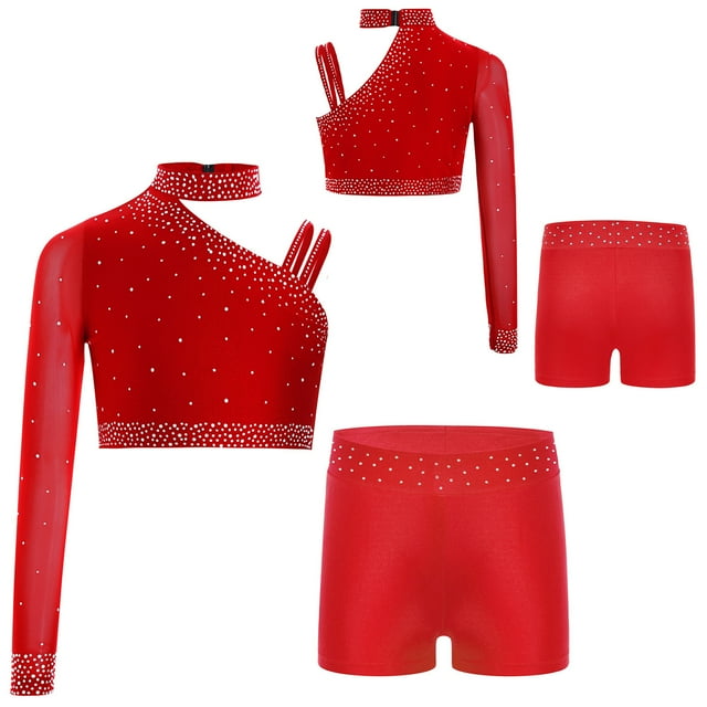 Jowowha Ensemble de Gymnastique pour Filles Deux Pièces Crop Top avec Shorts Tenues de Danse Rouge 6