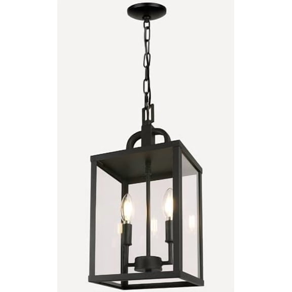 Large Outdoor Indoor Pendant Light 2-Light, Modern Black Metal Outside Chandelier Exterior Hanging Fixture Ceiling Mount with Clear Glass Shade for Front Porch Entrance Foyer Entryway (Bulb Included)