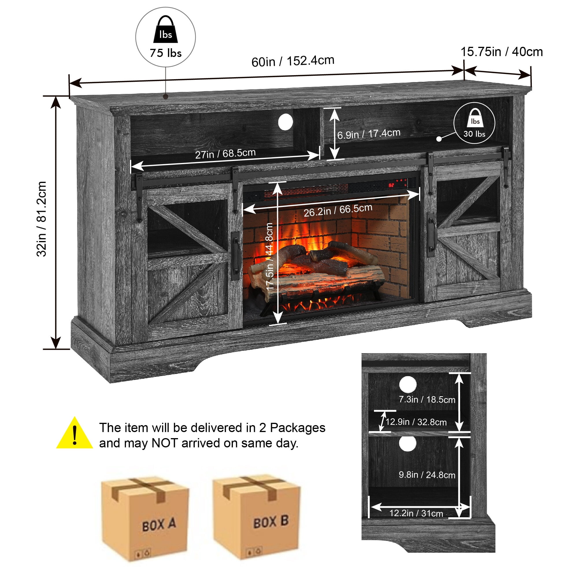 Electric Indoor Fireplaces, 60 Inch Electric Fireplace Entertainment Center With Door Sensor-Dark Rustic Oak, Dark Oak Indoor Fireplaces,Wood+Stainless Steel+Glass Fireplace Tools Set