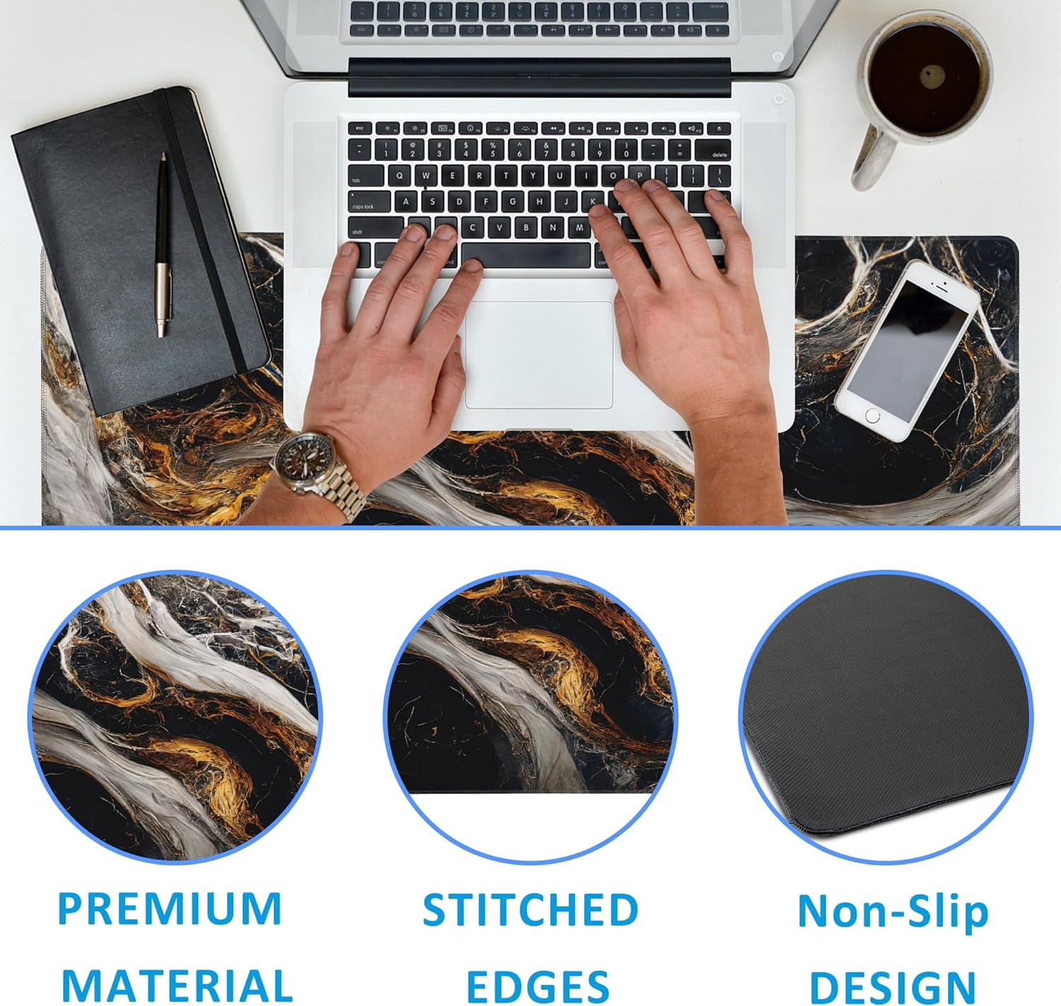 Golden Black Marble Large Gaming Mouse Pad,Waterproof Desk Mat for Desktop,Non-Slip Rubber Base Mousepad with Stitched Edges for Laptop Office and Home 35.4X15.7 Inch