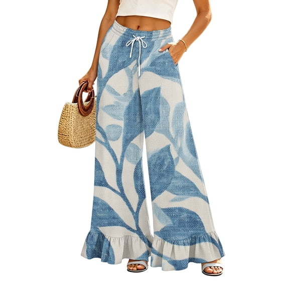 Sewkxo Boho Wide Leg Pants for Women Flowy Drawstring Floral Palazzo Pants Baggy Tropical Hawaiian Pull on Beach Pant,Blue M