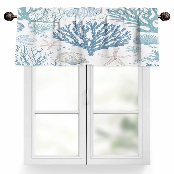 Summer Marine Life Valances for Windows, 42 x 18in, Ocean Coral Shell Simple Lines Art Rod Pocket Kitchen Valance Curtain Light Filtering Window Treatments for Living Room Bedroom, 1 Panel
