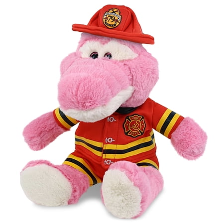 DolliBu Alligator Firefighter Stuffed Animal - Pink Alligator Fireman Toy with Red Fireman Costume Outfit and Fireman Hat Cute Wild Life Stuffed Animal Fire Fighter Doll Plush Toy for Kids - 10 Inch