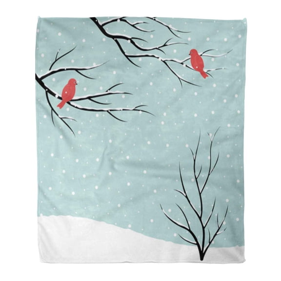 SIDONKU Throw Blanket 58x80 Inches Blue Branch Winter Scene of Bare Trees and Birds on Snowfall Christmas Red Snow Warm Flannel Soft Blanket for Couch Sofa Bed