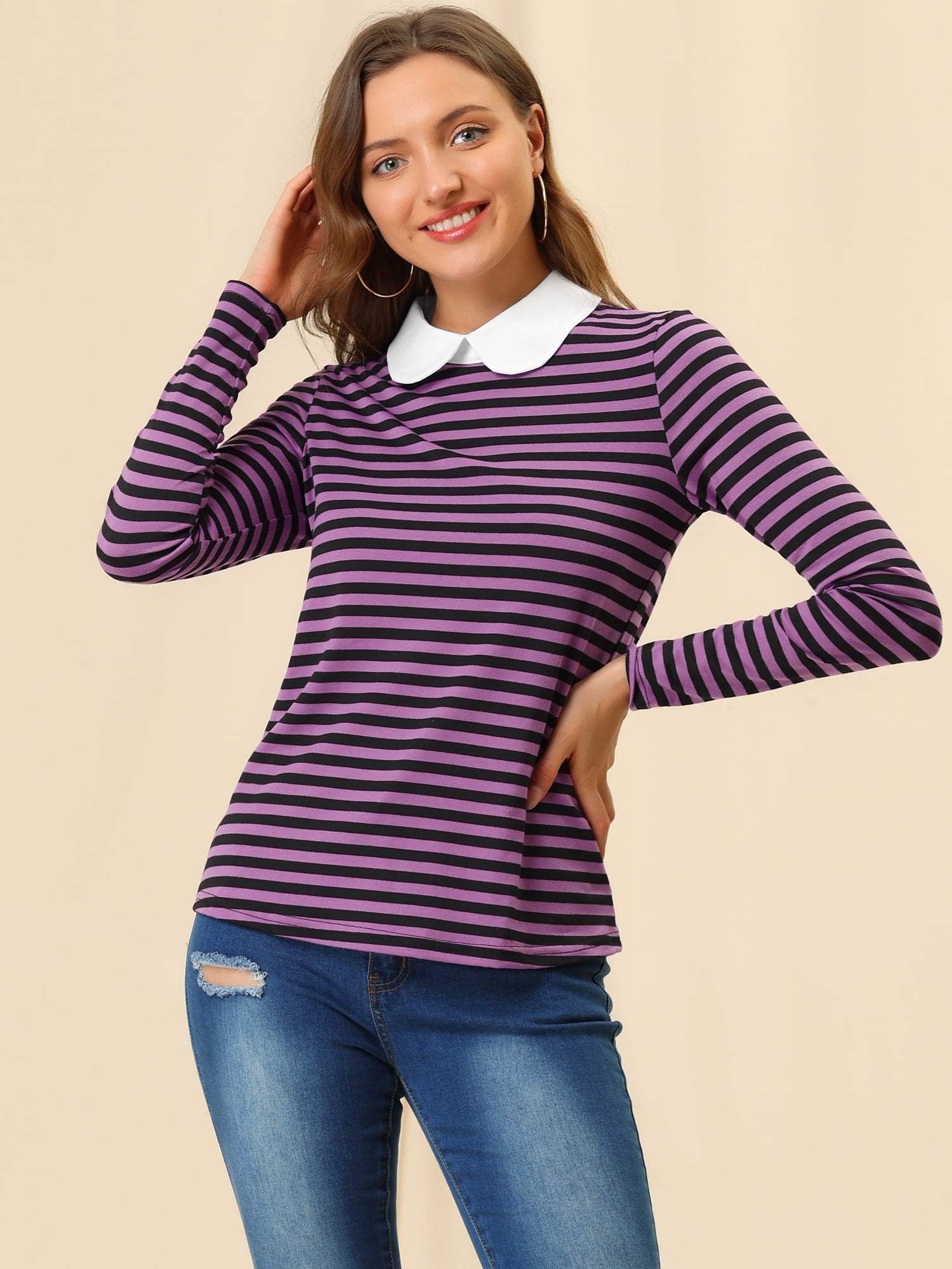 Unique Bargains Women's Long Sleeve Peter Pan Collar Long Sleeve Striped Top M Purple Black