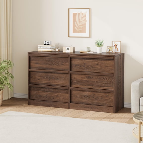 6-Drawer Dresser with Wood Handles, Walnut Chest of Drawers for Bedroom, PB Storage Cabinet for Living Room, Closet