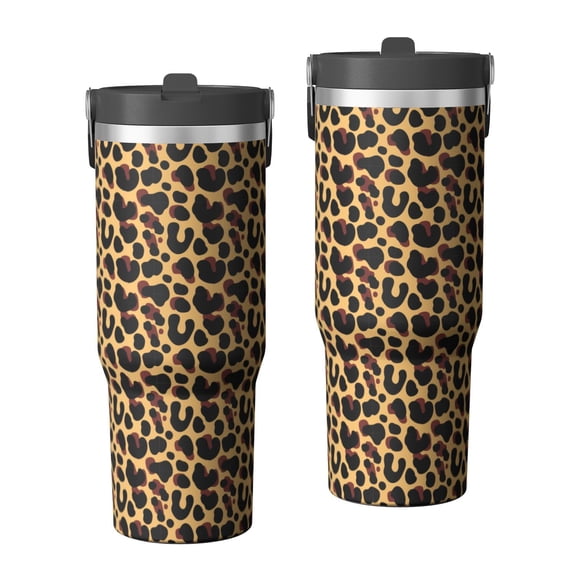 Leopard Print 30oz Handheld Travel Tumbler with Handle – Double Wall Stainless Steel Insulated Cup, Flip Straw Lid, Leak-Proof & BPA-Free for Hot and Cold Drinks – Durable Coffee & Juice Mug Black