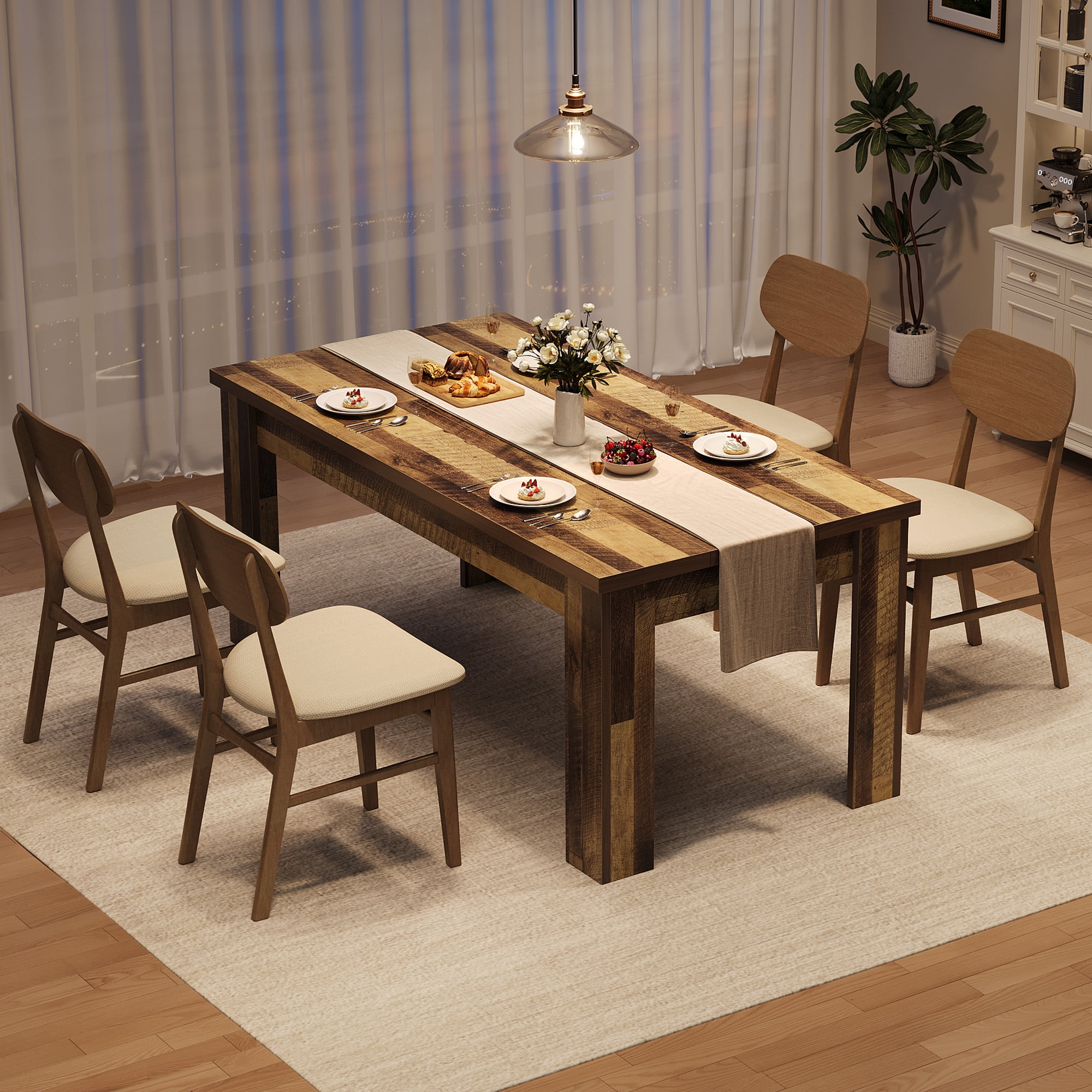 COZONY 1.6m 6-8 Seater Farmhouse Dining Table, Reinforced Triangular Legs, 330 lb Capacity, Rectangular Wood Kitchen Table for Apartment & Small Space,jointed plate