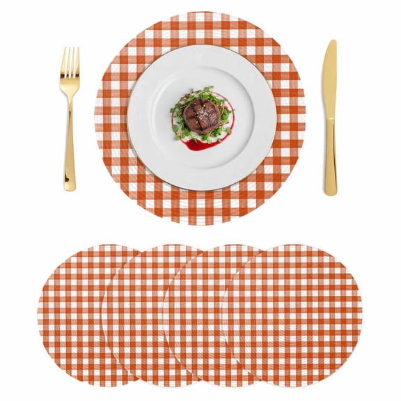 Caramel Plaid Round 13 Inch Placemats Set of 4, Farmhouse Country Orange Buffalo Checkered HeatResistant Non Slip Place Mats for Dining Table, Wipeable Braided Kitchen Table Mats for Housewarming