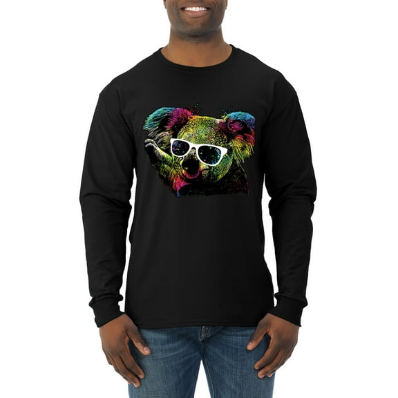 Neon Technicolor Trippy Party Rainbow Koala | Mens Animal Lover Long Sleeve T-Shirt, Black, Small