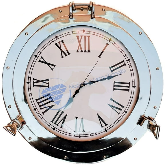 15" Aluminum Porthole Clock (Nickel Polished) - White Roman Dial