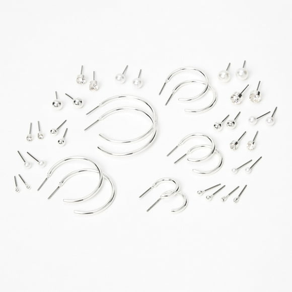 Claire's 20pk Silver Studs Crystals Hoop Earrings