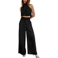 thumbnail image 2 of sunsanly 2 Pcs/Set Women Cro Top Pants Set Sleeveless High Collar Pleated Short Top Solid Color Drawstring High Waist Wide Leg Loose Trousers Set, 2 of 8