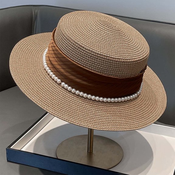 CHENge Women's Elegant Summer Sun Hat with Pearl and Adjustable Tie for Outdoor Beach Casual Wear