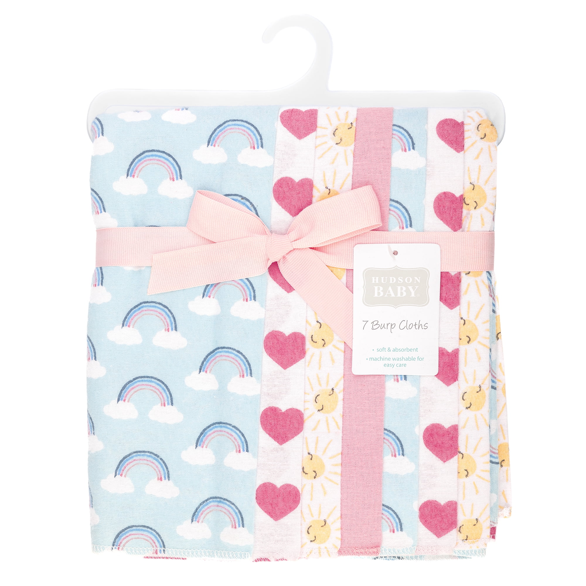 Hudson Baby Girl Cotton Polyester Flannel Burp Cloths 7-Pack, Cloudy Rainbow, One Size