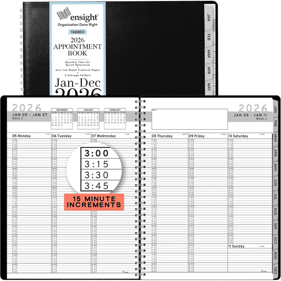 Ensight 2026 Appointment Book and Planner 8.5" x 11" Large Hourly Weekly Daily Schedule Book with Tabs, 15 Minute Time Slots, Black Calendar Organizer Jan 2026–Dec 2026 Appointment Planner - Black