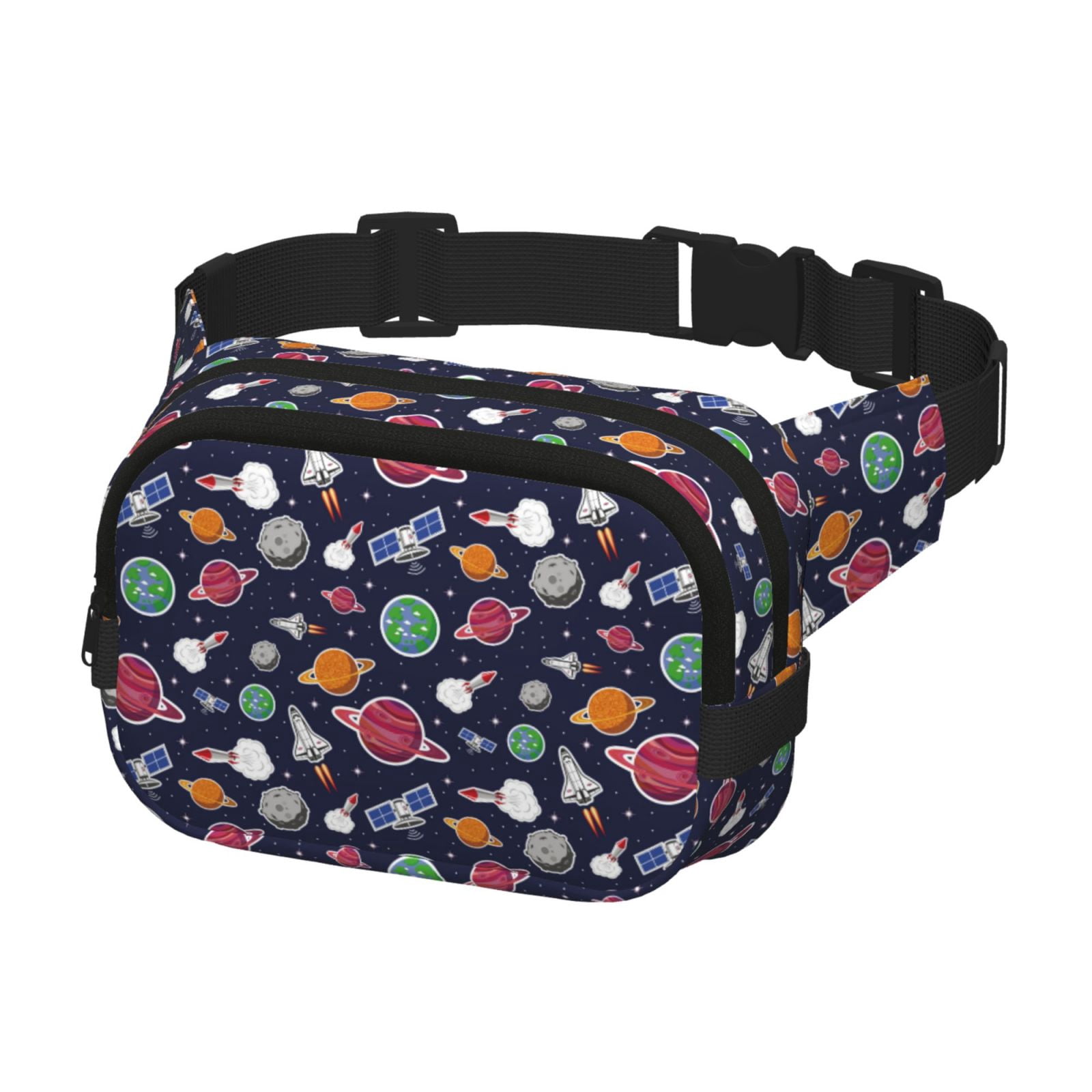 Picia Rocket Satellite Print Square Double-Layer Waist Bag Mini Adjustable Waist Belt Bag Exercise Running Travel Hiking