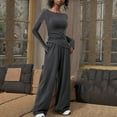 thumbnail image 2 of 2 Piece Outfit for Women Fall Clothes Slim Fit Long Sleeve Boat Neck Top and Wide Leg High Waist Pant Suits (XL, Dark Gray), 2 of 7