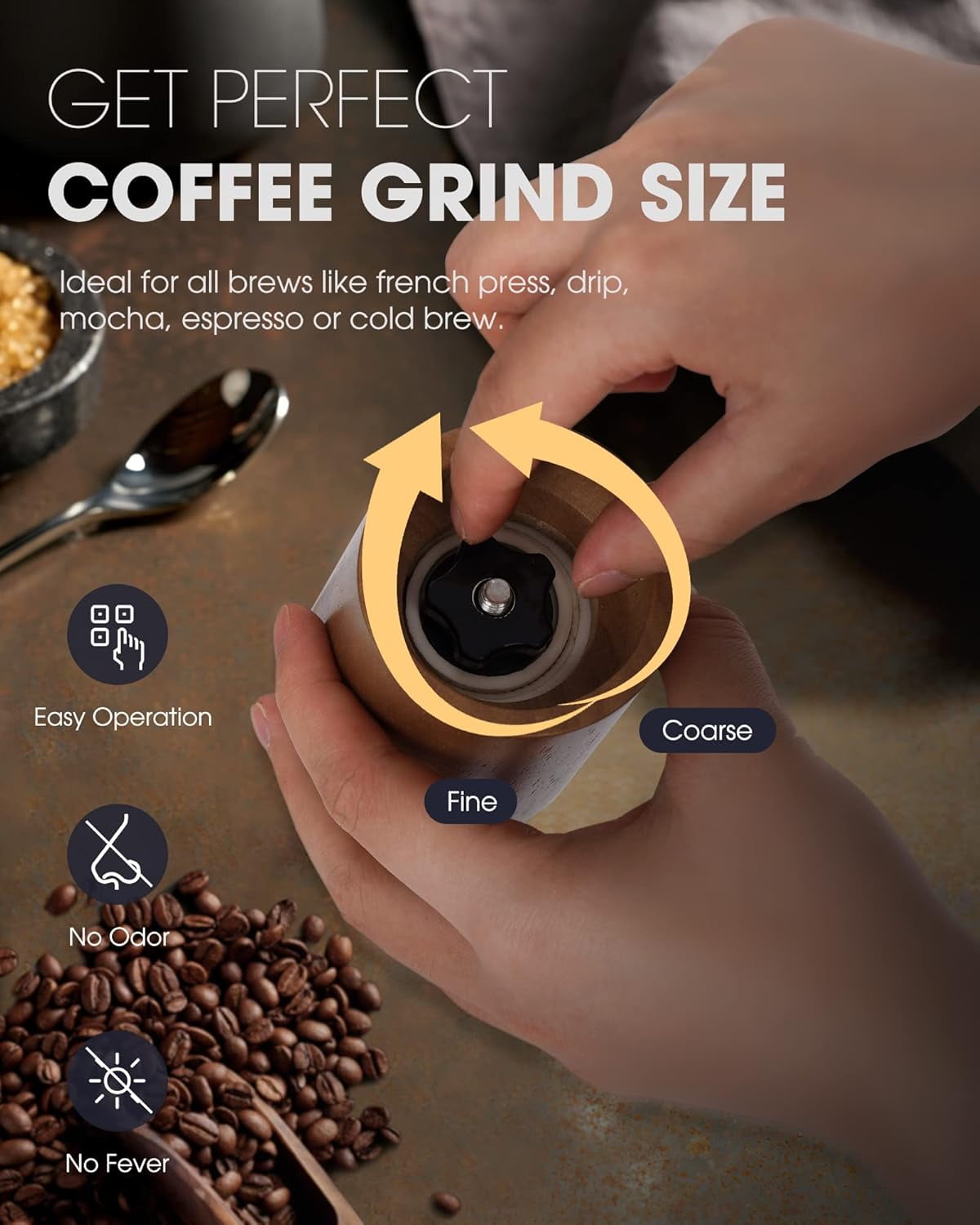 Manual Coffee Grinder, Coffee Bean Grinder with Adjustable Ceramic Burr, Vintage Style Wooden Hand Coffee Grinder, Portable Burr Coffee Grinder with Brush and Spoon （JX2022-CG10）