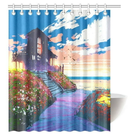 Mypop Landscape Painting Shower Curtain Beach House And Colorful Mypop Landscape Painting Shower Curtain Beach House And Colorful Flowers Fabric Bathroom Set