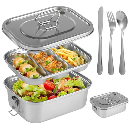 Stainless Steel Bento Box with Utensils, Large Tiered Lunch Container, Reusable Leakproof 3 Compartments Metal Food Container Portable Handle for Office,Picnic, Gym