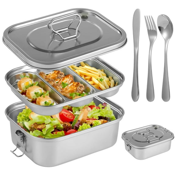 Stainless Steel Bento Box with Utensils, Large Tiered Lunch Container, Reusable Leakproof 3 Compartments Metal Food Container Portable Handle for Office,Picnic, Gym