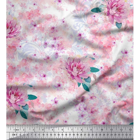 Soimoi Pink Cotton Cambric Fabric Watercolor Leaves & Floral Print Sewing Fabric BTY 56 Inch Wide