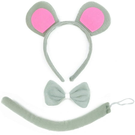 Skeleteen Mouse Costume Accessory Set - Grey and Pink Ears Headband, Bow Tie and Tail Accessories Set for Rat Costume for Toddlers and