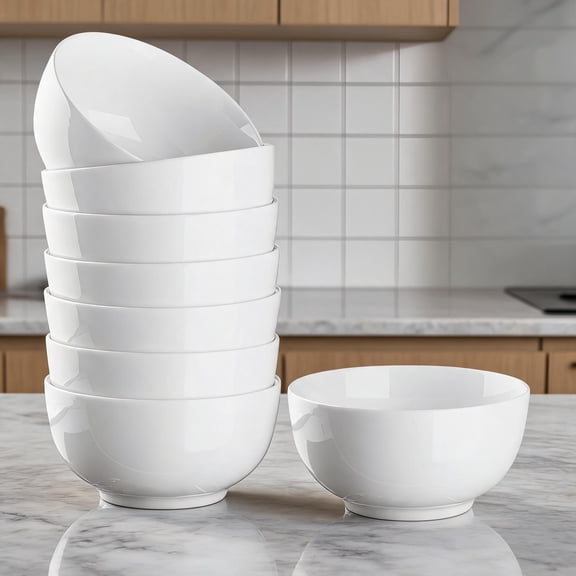 Stackable Porcelain Bowl Set - 8-Pack 10 oz White Ceramic Serving Bowls for Soup, Cereal & Dessert - Microwave & Dishwasher Safe