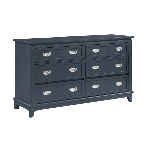 Benjara Sely Dresser, 55 Inch, 6 Drawers, Navy Blue Wood Nickel Ring Handles