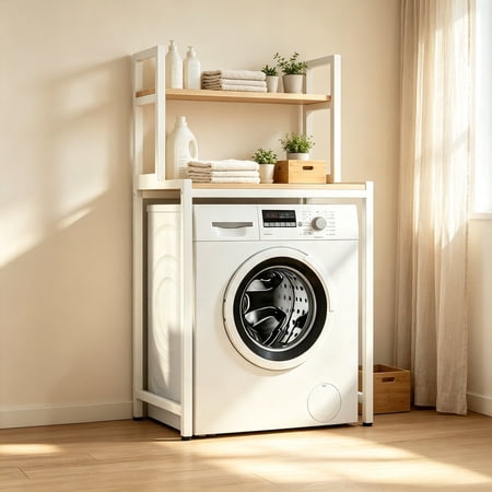 over washing machine storage rack 2 tier freestanding white metal frame wood grain shelf for front load washer 1 pack