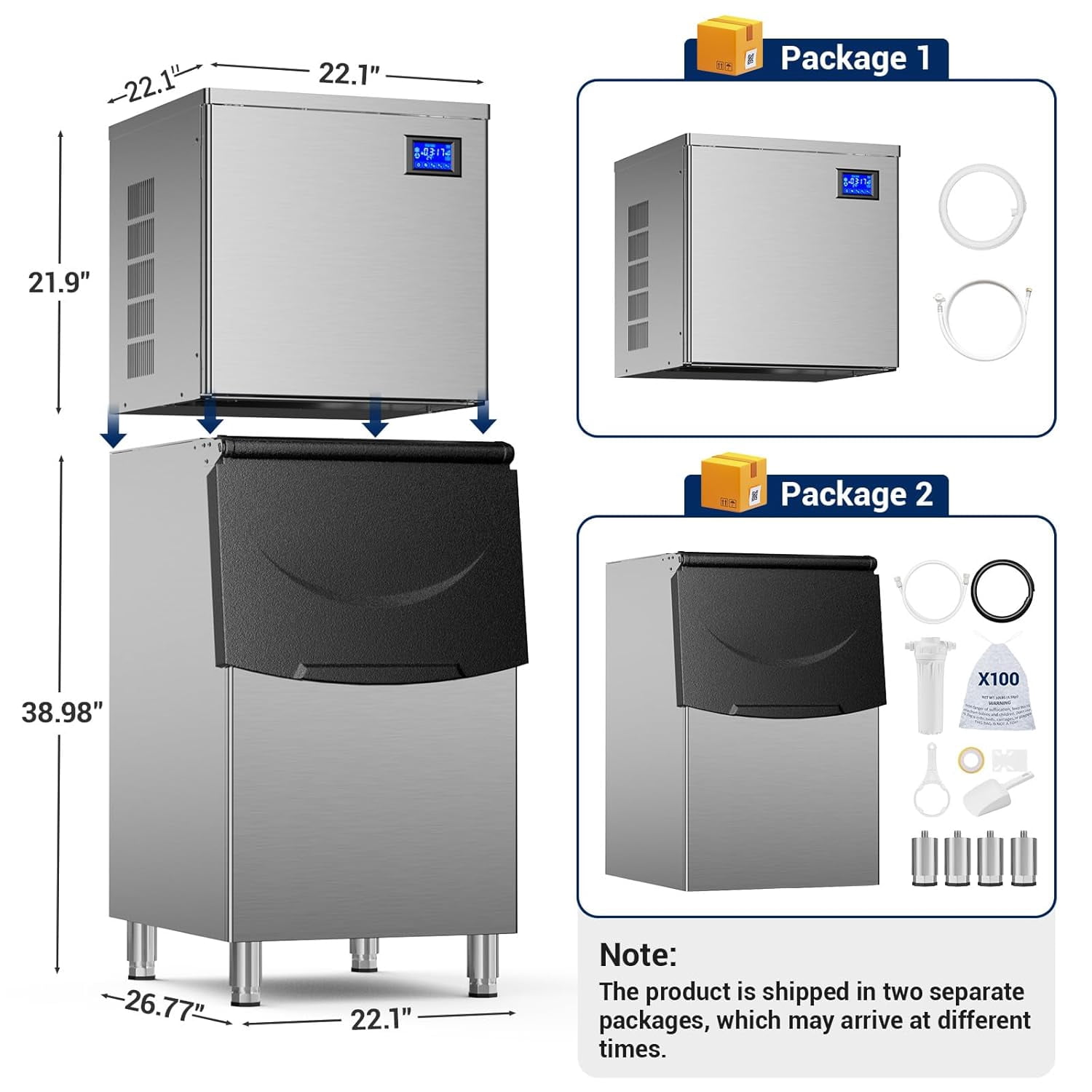 XUTUMM Commercial Ice Machine, 650Lbs/24H, ETL Approved, Auto-Cleaning Stainless Steel Ice Maker for Bars & Restaurants