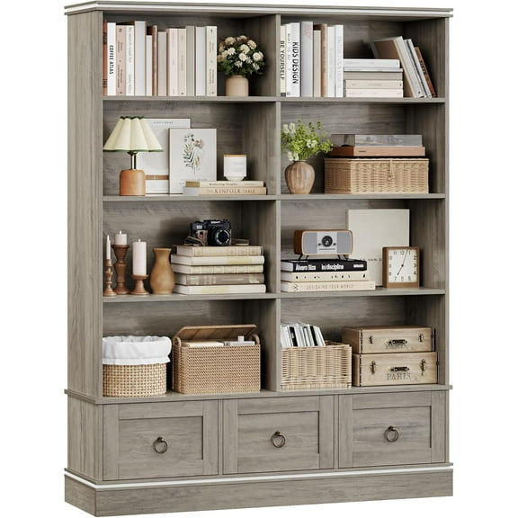 Farmhouse Bookshelf and Bookcase, 47" Wide Bookcase with Drawers, 5 Tier Book Shelves with Storage, Large Display Shelves, 63" Tall Wood Standing Shelving Unit for Office, Study, Ash Grey