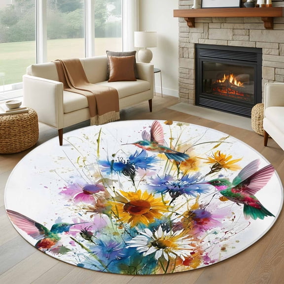 Hummingbird Round Area Rug 6Ft Washable Circle Rugs for Bathroom Office, Spring Farmhouse Oil Painting Sunflowers Non-Slip Carpet Floor Mats Indoor Outdoor Carpet Runner Aesthetic Home Decor