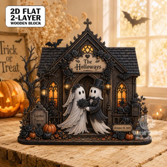 Wooden Block Gothic Ghost Couple 2-Layer Wood Tabletop Display for Personalized Halloween Wedding