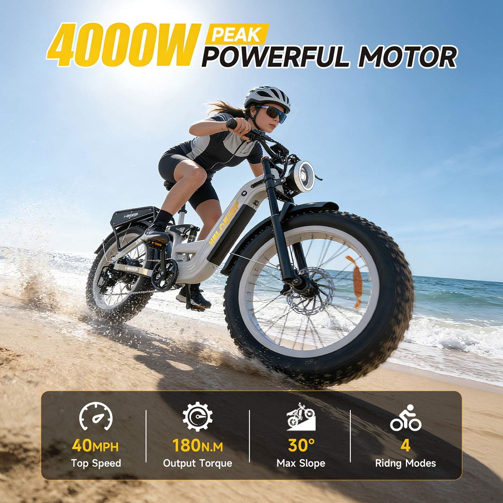 Helokeep 26" White Fat Tire High Performance Cargo Electric Bike for Women, 4000W Peak 2000W, 40MPH, 48V 25Ah UL2849 Off-Road Ebike
