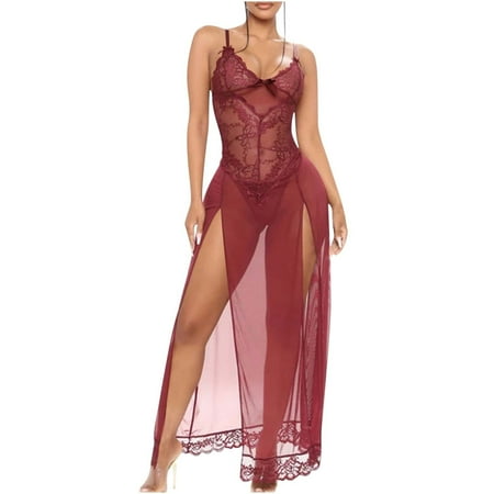 Xysaqa Women Sexy 2 Piece Outfits Lace Mesh Sheer Long Dress Strappy V Neck High Split Maxi Dresses with Thong Set Clearance Red