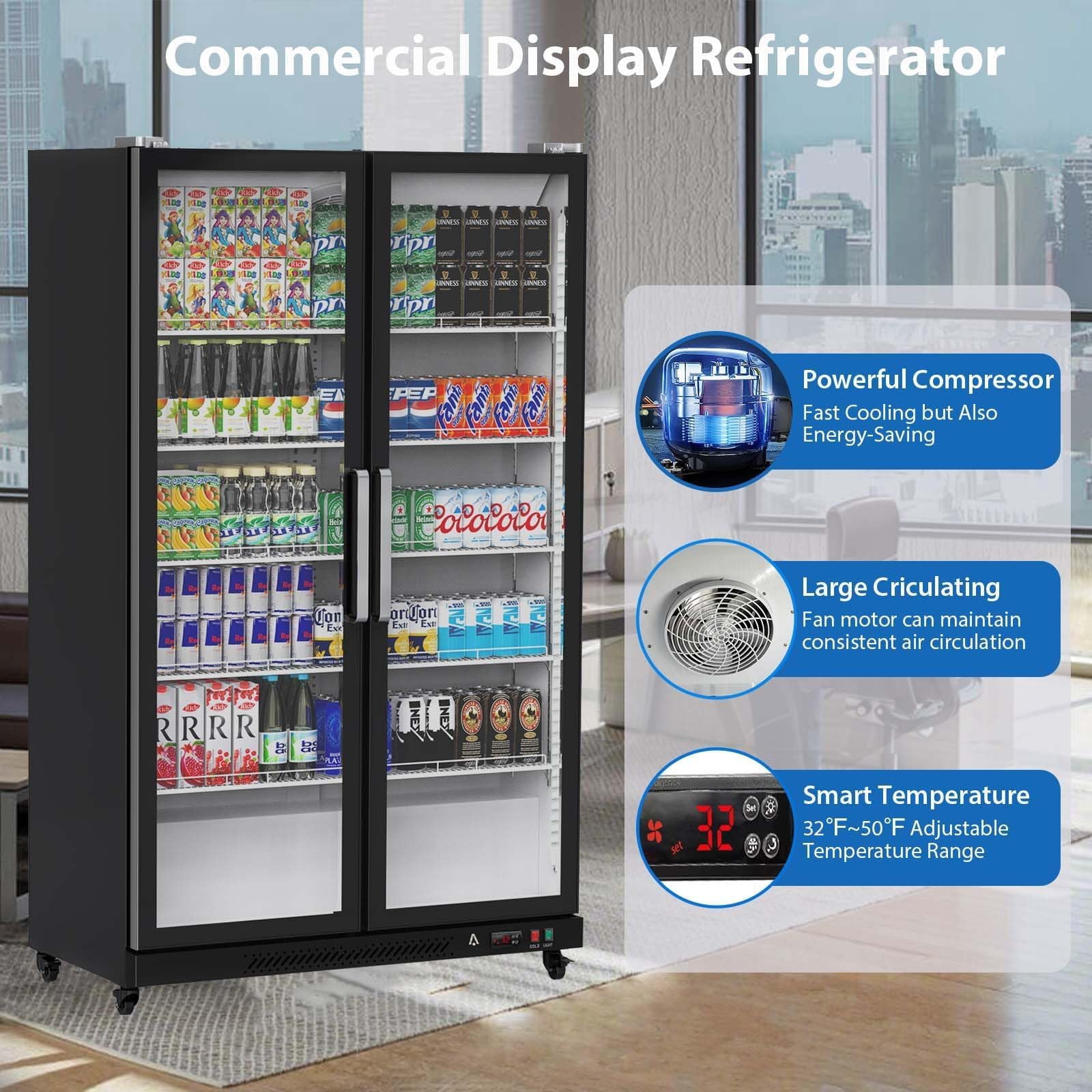 Historyli Commercial Display Refrigerator, Glass Door Beverage Cooler with LED Lighting & Adjustable Shelves, Black