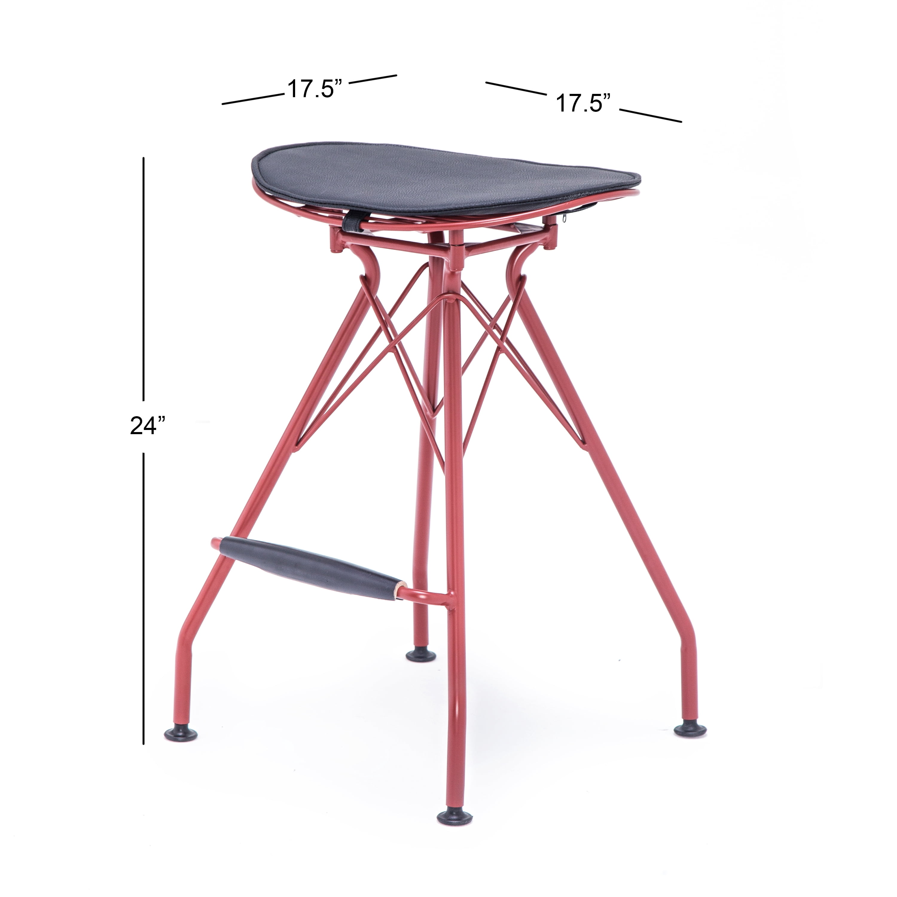 Industrial Metal Barstool with Faux Leather Seat Pad and Wood Accented Foot Rest, 24 Inch Seat Height, Dark Red, Set of 2