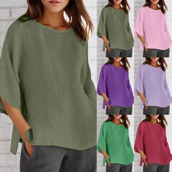 QHWAUAKFBN T Shirts For Women Graphic Summer 3 Of 4 Sleeve Crew Neck Floral Printed Loose Linen Tunic Tee Blouse Tshirts Top