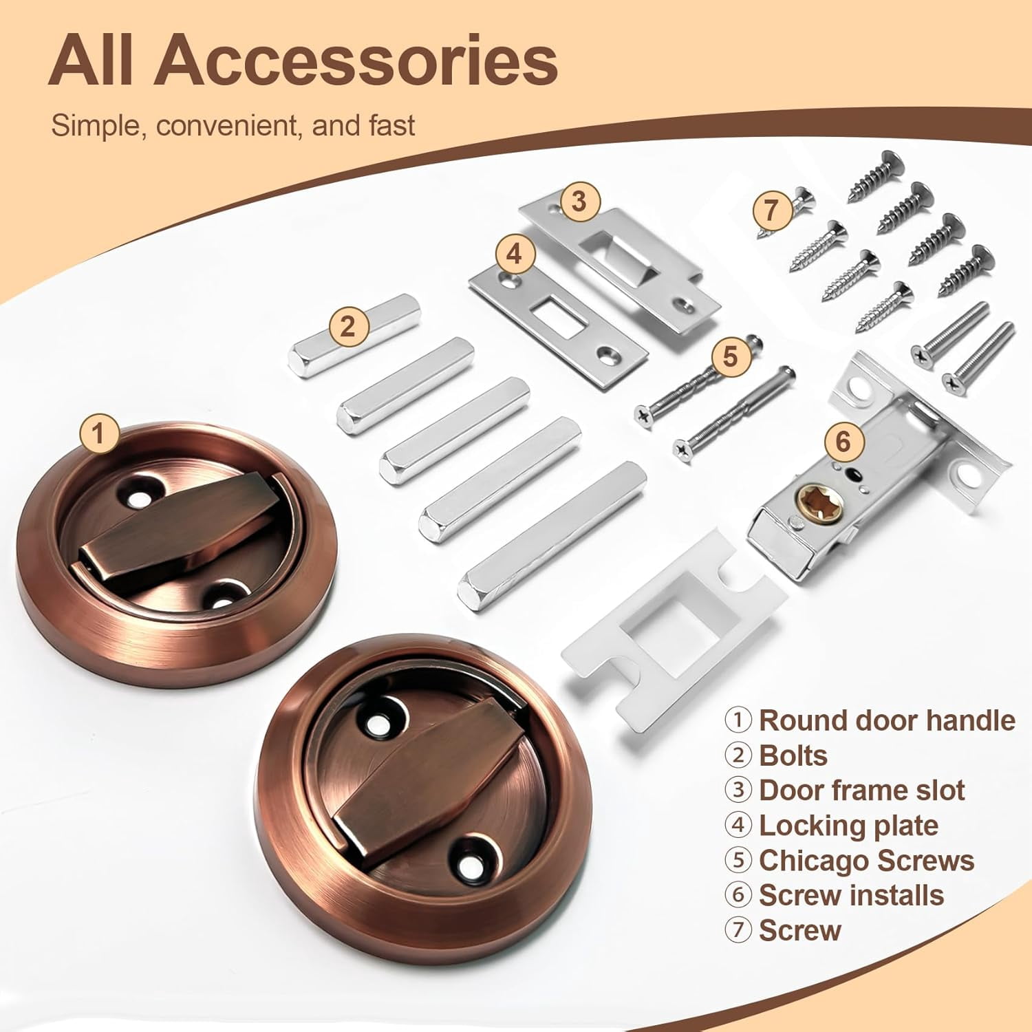ABCISI Round Recessed Door Lock, Stainless Steel 304 Hidden Recessed Cup Door Handle, Low Profile Door Knob for Privacy Pocket Door, Flat Door Knob, Copper