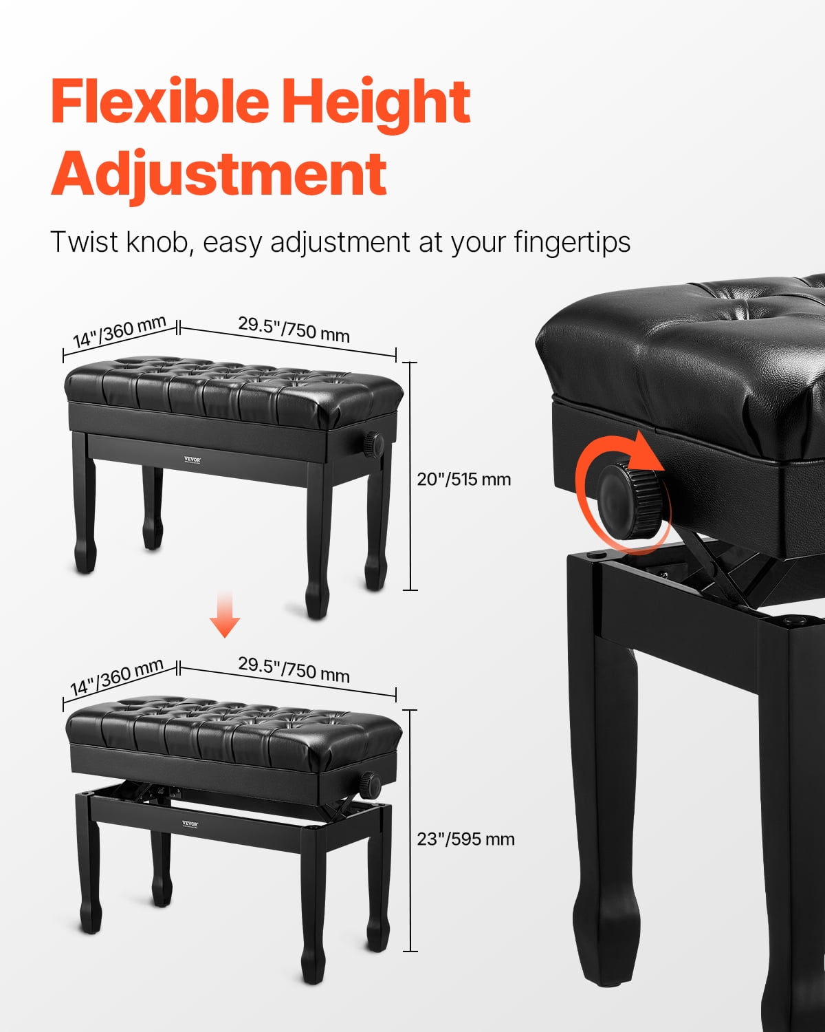 VEVOR Piano Bench, 29.5" x 14" x 20.3", Duet Keyboard Piano Chair with 20.3"-23.4” Adjustable Height, Padded Cushion, Storage Compartment for Music Books, Wooden Piano Stool Seat, for Vanity, Bedroom