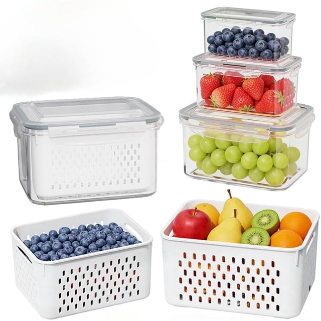 Contenedores de almacenamiento de alimentos con colador extraíble for nevera, contenedor transparente for guardar frutas