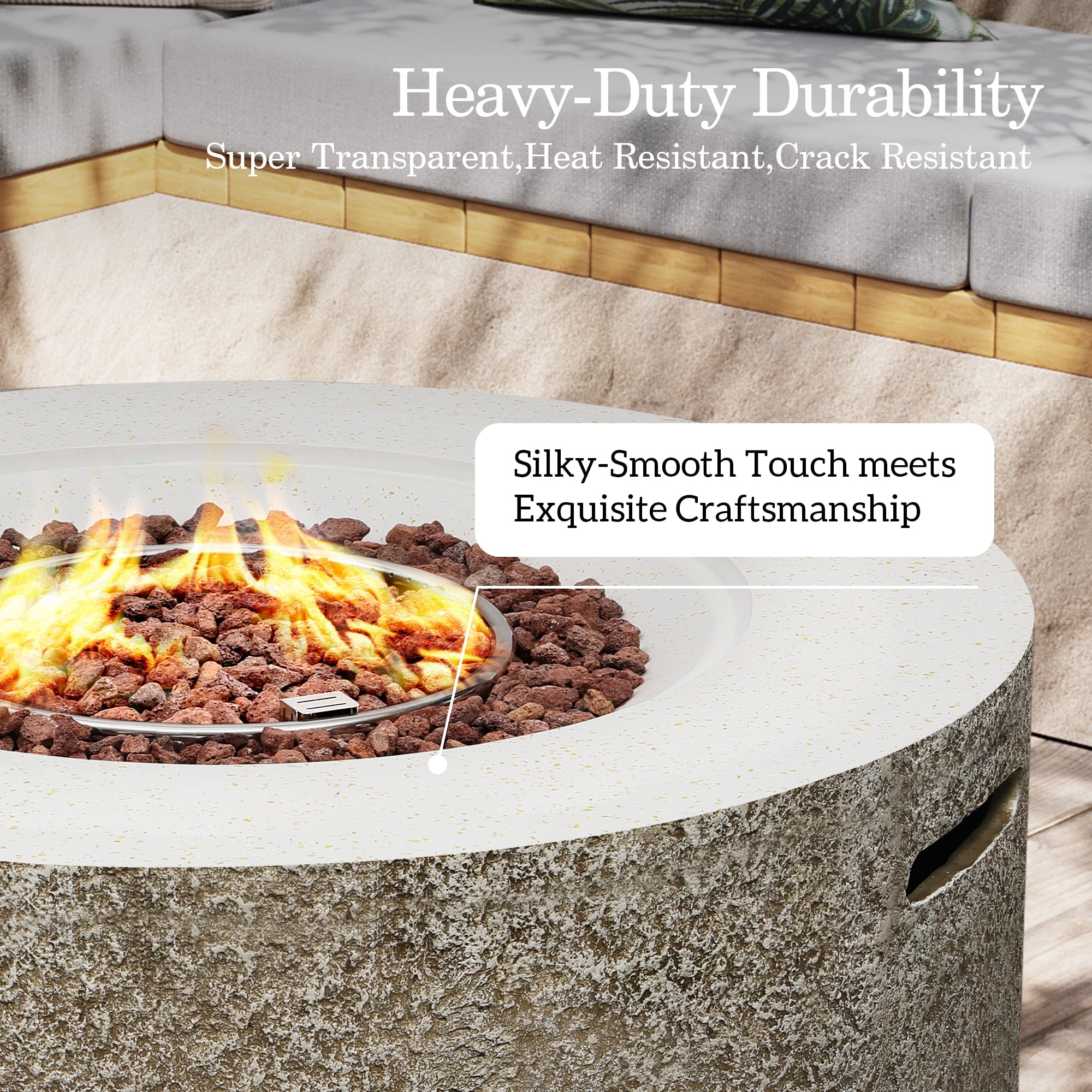 UPHA 42-inch Outdoor Propane Round Fire Pit Table 50000 BTU Gas Concrete FirePit for Outside Patio with Lava Rocks, Rain Cover, Beige