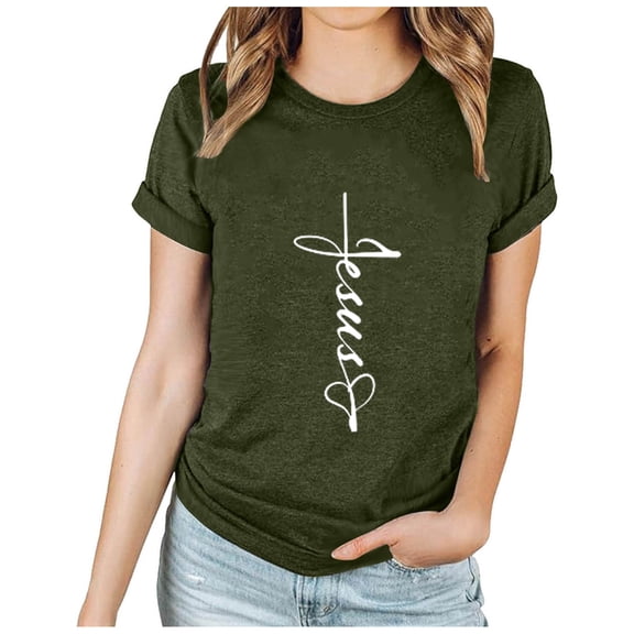 Otvok Womens 2024 Tops Spring and Summer Fashion Easter Print Pattern Round Neck Short Sleeved T-Shirt