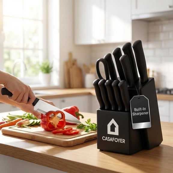 CASAFOYER 15-Piece Kitchen Knife Set with Block and Built-In Sharpener